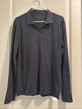 John Varvatos Long-Sleeve Polo Shirt V-Heather Gray Logo Embroidered Front M